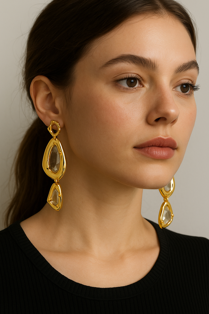Sculpted Crystal Drop Earrings – Gold Finish