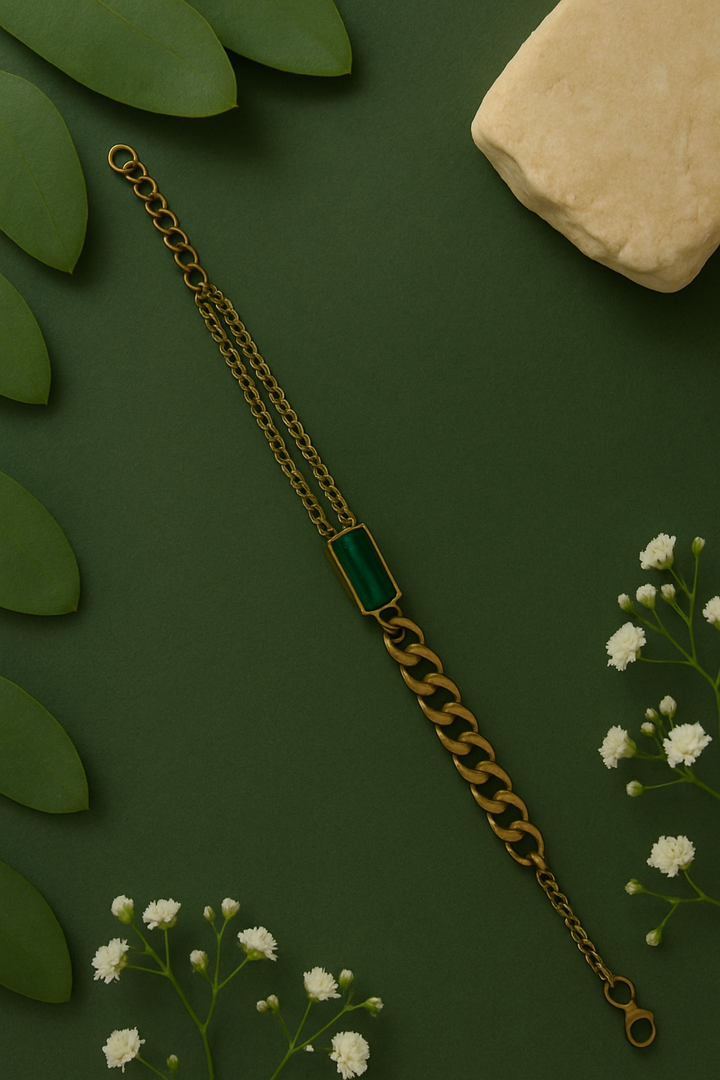 Dual Chain Green Stone Bracelet – Gold Finish